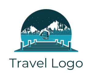 design a travel logo pier leading to sea and mountains