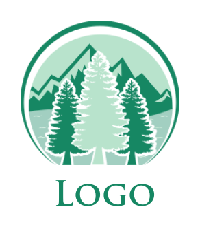 make a landscape logo pine trees in front of mountains with river and circle
