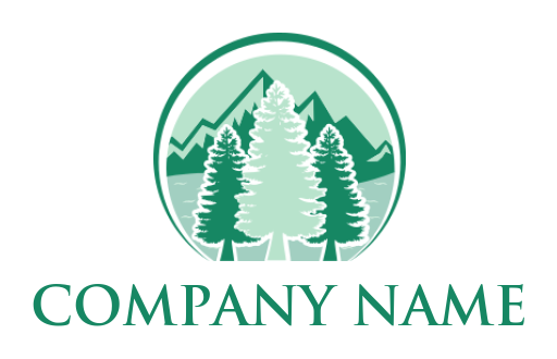 make a landscape logo pine trees in front of mountains with river and circle