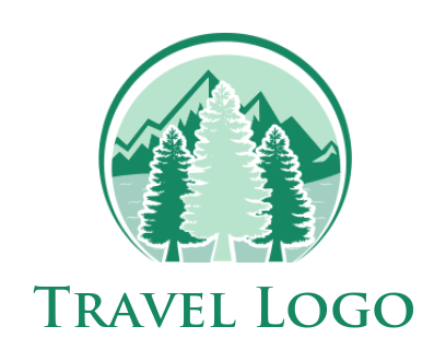 make a landscape logo pine trees in front of mountains with river and circle