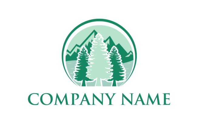 make a landscape logo pine trees in front of mountains with river and circle