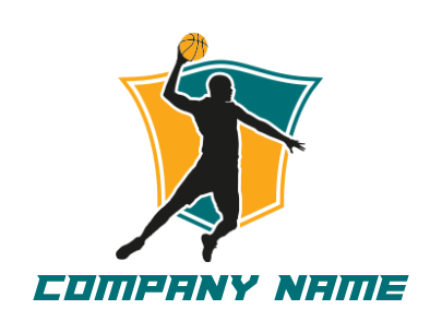 sports logo playing basketball in front shield