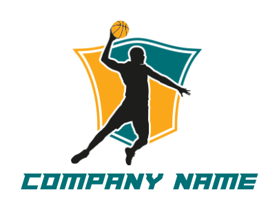 sports logo playing basketball in front shield