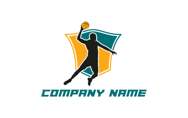design a sports logo playing basketball in front of shield - logodesign.net