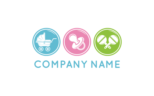 childcare logo illustration pram dummy and rattle in circles for baby