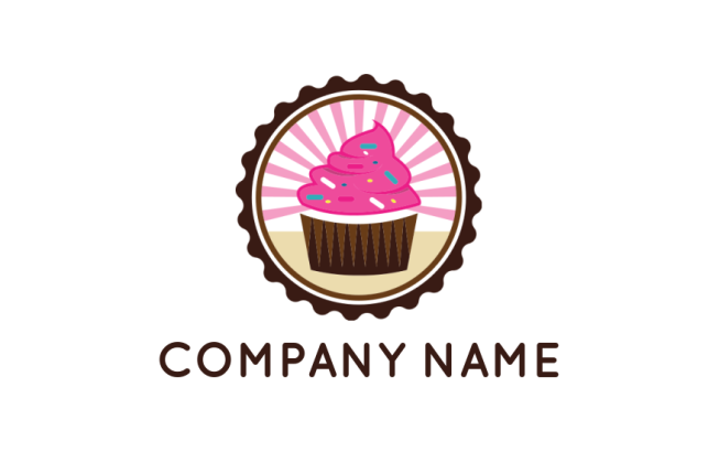 Design a logo of restaurant retro pink cupcake in badge with rays - logodesign.net