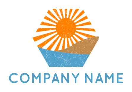 Travel logo retro sun behind land water hexagon