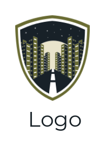 create an insurance logo road leading buildings in shield 
