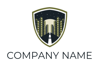 create an insurance logo road leading buildings in shield 