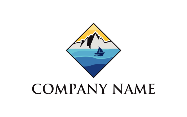 travel logo icon yacht in water with mountains - logodesign.net