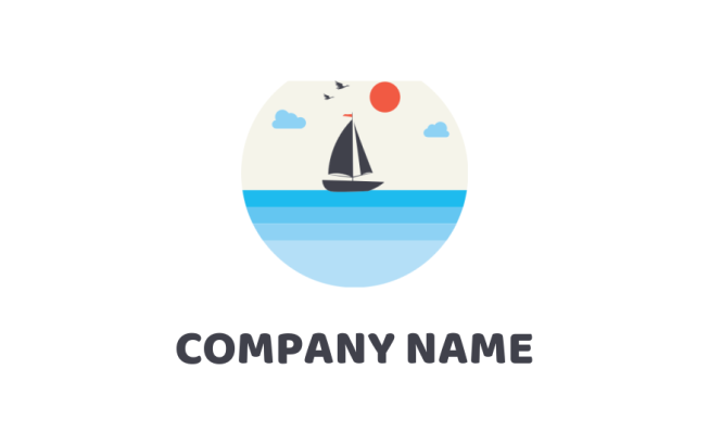travel logo icon sailing ship in sea with cloud birds and sun 