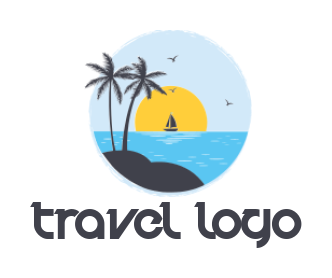 travel logo of sailing ship sea tree sun birds
