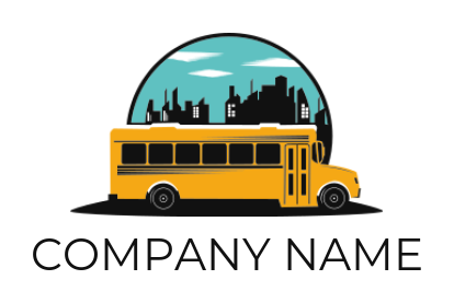 school bus in front of city skyline logo template