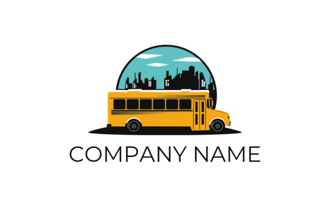 transportation logo template school bus in front of city skyline - logodesign.net