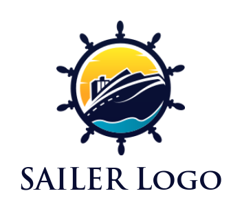create a transportation logo Sailing Sailboat or ship in steering wheel with water and sun