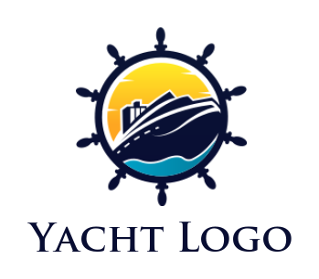 create a transportation logo Sailing Sailboat or ship in steering wheel with water and sun