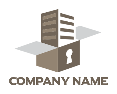 create a storage logo shipment showing building inside box with keyhole 