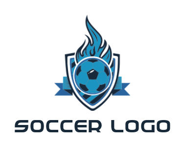 make a sports logo soccer ball with fire in shield and ribbon