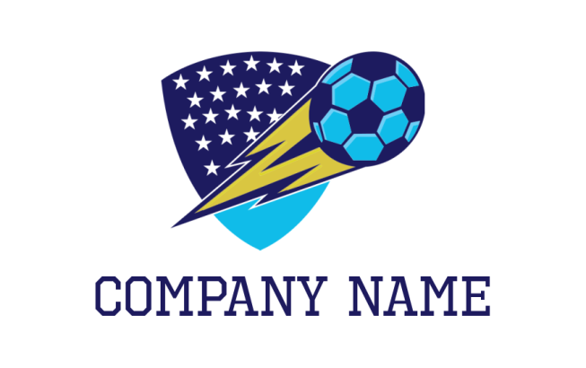 sports logo illustration soccer moving up in front of a shield with stars