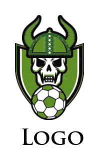 sports logo soccer with skull wearing viking helmet in shield