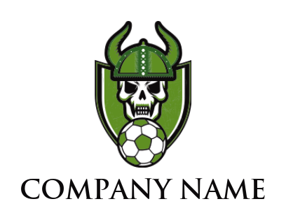 sports logo soccer with skull wearing viking helmet in shield