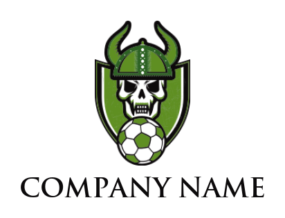 sports logo soccer with skull wearing viking helmet in shield