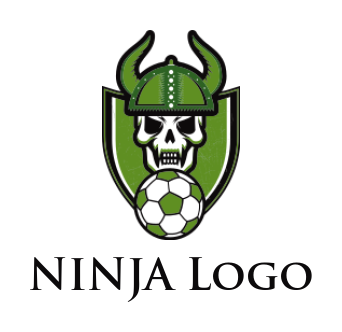 design a sports logo soccer with skull wearing viking helmet in shield