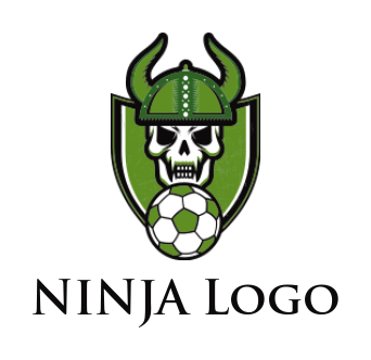 sports logo soccer with skull wearing viking helmet in shield