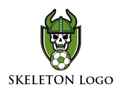 sports logo soccer with skull wearing viking helmet in shield