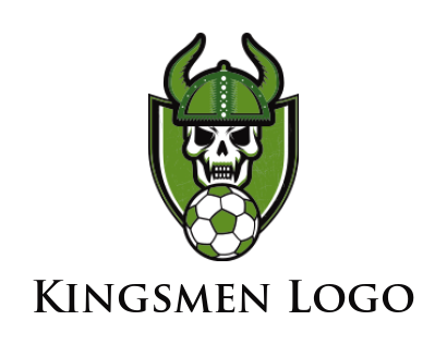 sports logo soccer with skull wearing viking helmet in shield