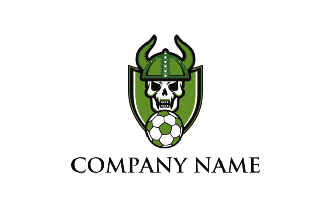 sports logo soccer with skull wearing viking helmet in shield