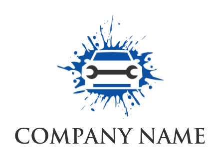 design an auto repair logo spanner in negative space car wash on blue splatter