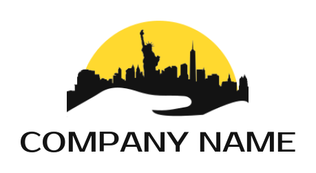 design a travel logo statue of liberty in city with sun 