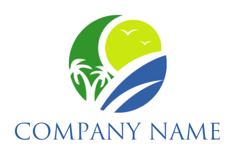 Travel logo sun palm trees waves circle