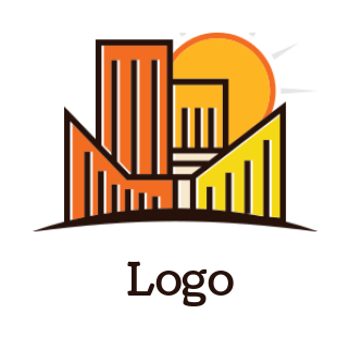 real estate logo sun rise on line art buildings