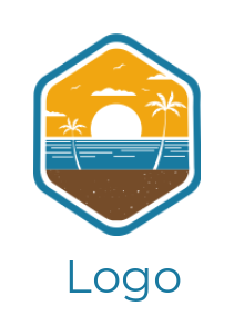 make a travel logo sunset beach with palm trees in hexagon