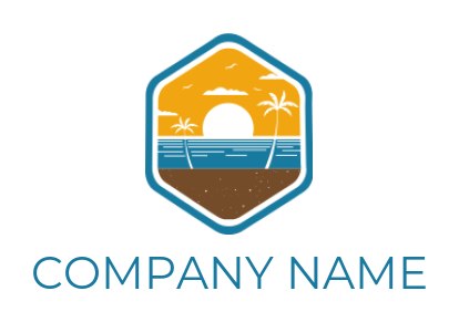 make a travel logo sunset beach with palm trees in hexagon