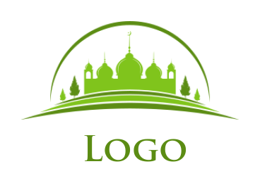 make a religious logo swoosh over mosque with trees 
