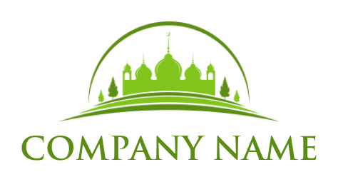 make a religious logo swoosh over mosque with trees 