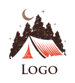 design a travel logo tent under pine trees and crescent 