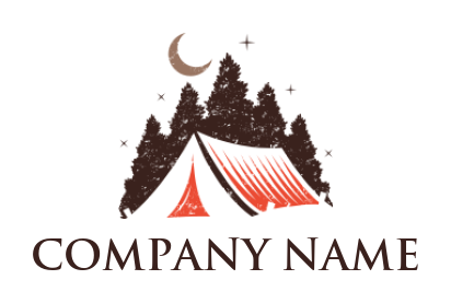 design a travel logo tent under pine trees and crescent 