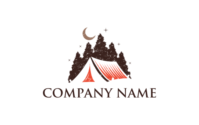 design a travel logo tent under pine trees and crescent 