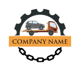 logo idea of car on towing truck with gear and chain with badge 