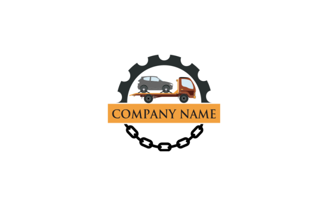Car On Towing Truck With Gear And Chain With Badge Logo Template By Logodesign Net