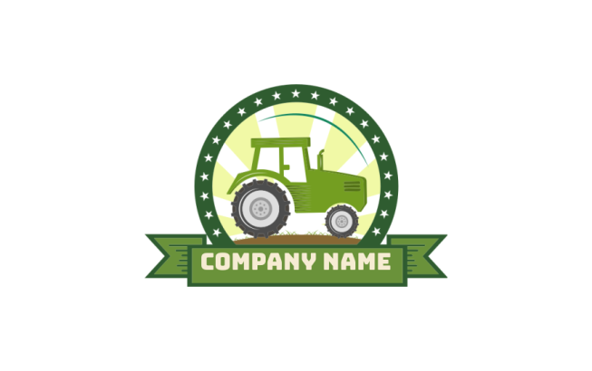 Agriculture tractor in badge with sun rise logo idea