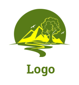 make a travel logo tree & mountain in front of sun