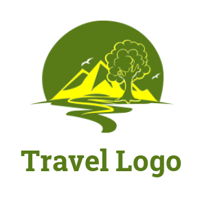 make a travel logo tree & mountain in front of sun