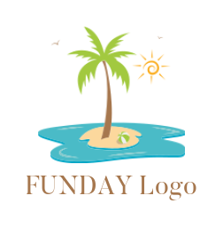 travel logo icon tree in center of beach with birds and sunshine