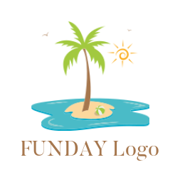 travel logo icon tree in center of beach with birds and sunshine