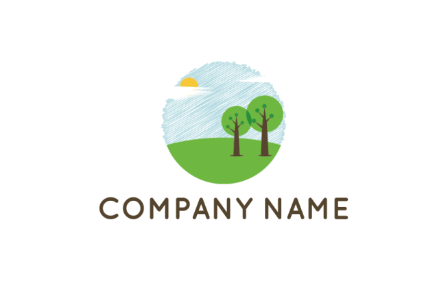landscape logo illustration trees on land with sun and cloud - logodesign.net